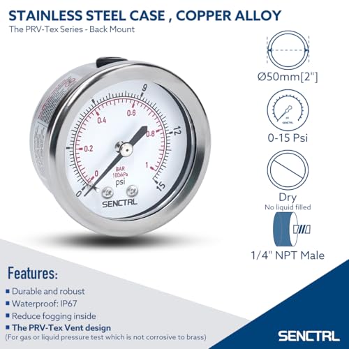 SENCTRL 0-15 Psi Low Pressure Gauge, 1/4" NPT Back Mount - size: 0-15Psi, style: Back Mount