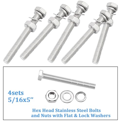 4 Sets 5/16-18 x 5" Stainless Steel Hex Head Screws Bolts, Flat, Nuts & Lock Washers,Hex Bolts 18-8(304) Full Thread - color: Silver-hex, size: 5/16-18x5"(4 sets)