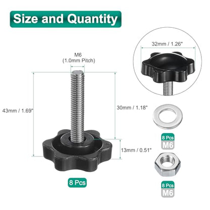 uxcell 8pcs Star Clamping Knobs with Nuts Washers, M6 x 30mm Metric 304 Stainless Steel Male Thread 32mm 6-Star Plastic Head, Threaded Stud Hand Knobs Handles Thumb Screws, Black - size: M6 x 30mm