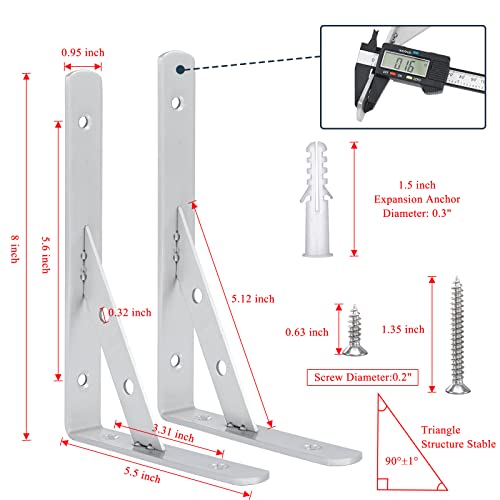 Solid Shelf Brackets 8 Inch, L Brackets Heavy Duty, Stainless Steel Angle Bracket, Max Load 440lbs, Pack of 2 (Silver) - size: 8"(Solid Brackets-Silver)