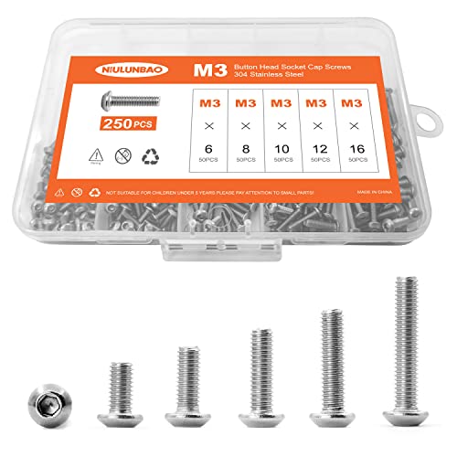 M3 x 6mm 8mm 10mm 12mm 16mm Button Head Socket Cap Screws Bolts, 304 Stainless Steel, Machine Fully Threaded, Metric Allen Hex Drive, Bright Finish, Assortment Kit 250PCS - size: M3 x 6/8/10/12/16mm (250PCS)