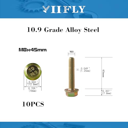 M8 x 45mm Flanged Hex Head Bolts, M8x1.25 Pitch, Grade 10.9 Alloy Steel, Color Zinc Plated, Full Thread, 10 Pack - size: M8 x 45mm(10PCS)