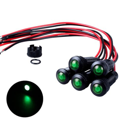 5pcs 8mm LED Indicator Light Plastic Black Signal Dot Lamp 110-220VAC 5/16" Mounting Hole Size with 15cm/5.9in. Wire (Green LED) - color: Green, size: 8mm 110-220V