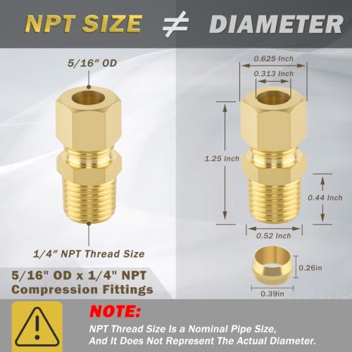 5/16" OD x 1/4" NPT Male Brass Compression Union Fitting, 10 Pack Straight Tube Coupling Adapter with 1M PTFE Teflon Tape for Air Water Plumbing - size: 10Pcs-5/16" OD x 1/4" NPT