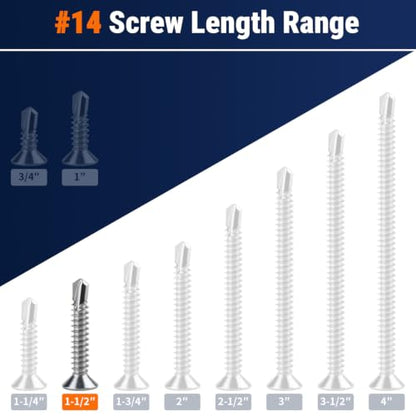 #14 x 1-1/2" Phillips Flat Head Sheet Metal Screws, Stainless Steel 410 Self Drilling Screws for Metal, Countersunk Head, Phillips Drive, Self Tapping, 50 Pack - size: #14 x 1-1/2"