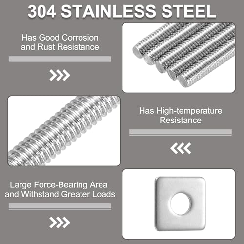 uxcell 3/8"-16 UNC Fully All Threaded Rod, 2 Pcs 304 Stainless Steel Long Threaded Screw 5.9" Length Right Hand Threads with Square Washers for Furniture Mounting Assembly Fastening - size: 5.9"