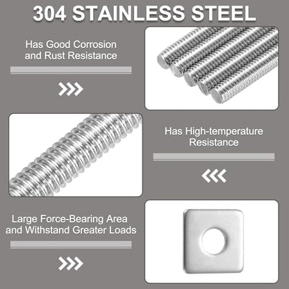 uxcell 3/8"-16 UNC Fully All Threaded Rod, 2 Pcs 304 Stainless Steel Long Threaded Screw 5.9" Length Right Hand Threads with Square Washers for Furniture Mounting Assembly Fastening - size: 5.9"