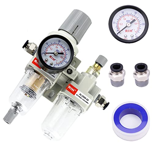 RIH Pneumatics 1/4“ NPT Compressed Air Filter Regulator Lubricator Combo Water/Oil Trap Separator - Gauge(0-150 psi), Auto Drain and Manuall-Drain,Poly Bowl,Bracket - 3 in 1 Two Unit - size: 1/4“ NPT Manual/differential pressure integrated