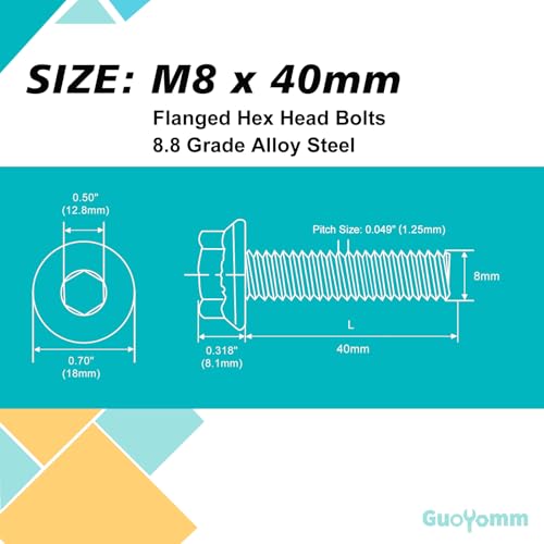 M8 x 40mm 10pcs Flanged Hex Head Bolts, M8 x 1.25 Bolts, Flange Hexagon Head Screws, 8.8 Grade Alloy Steel, Yellow Zinc Plated, Metric Fully Thread - size: M8 x 40mm(10PCS)