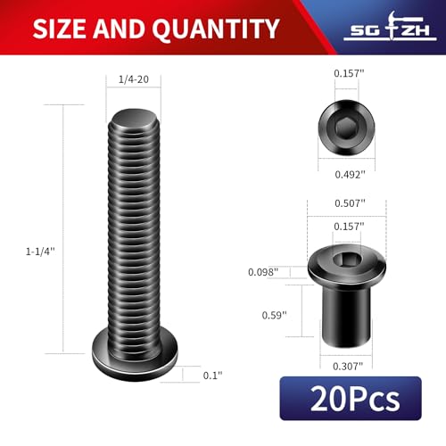 1/4-20 x 1-1/4" 20Pcs Flat Head Hex Socket Cap Screws Bolts Barrel Nuts Kit, 304 Stainless Steel 18-8, Full Thread, Black Oxide by SG TZH (with Hex Spanner) - color: Black, size: 1/4-20 x 1-1/4"