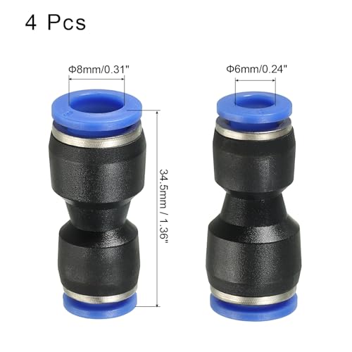 uxcell Push to Connector Fitting, 8mm to 6mm Tube OD Quick Connect Air Line Hose Pipe Fitting Straight Pneumatic Connector, Black 4Pcs - size: 8mm x 6mm