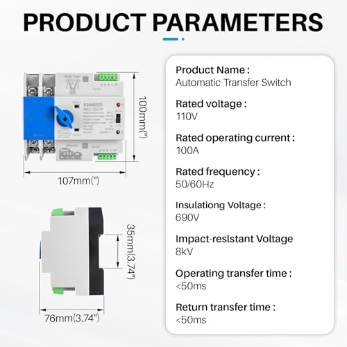 ATS Automatic Transfer Switch 2P AC110V 100A 50/60Hz ATS Dual Power Switch Electrical Selector Switches for Home Generator DIN Rail Mount (2P 100A)