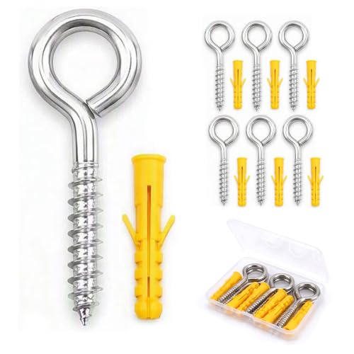 6 Pack 304 Stainless Steel Eye Hook Screws with Expansion Anchors, 3.2 inch Heavy Duty Wall Hanging Screw Eye Bolts(M6) - size: M6