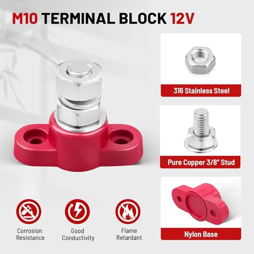 RED WOLF 12V 150A Power Distribution Block 3/8" Single Stud Busbar M10 Terminal Bus Bar 12 Volt DC Battery Junction Post Power for Auto Boat Marine Solar System Positive and Negative (2PC) - size: Single M10 Stud