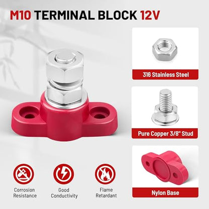 RED WOLF 12V 150A Power Distribution Block 3/8" Single Stud Busbar M10 Terminal Bus Bar 12 Volt DC Battery Junction Post Power for Auto Boat Marine Solar System Positive and Negative (2PC) - size: Single M10 Stud