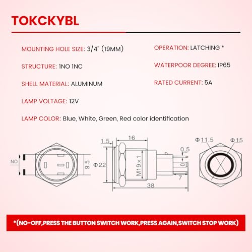 19mm Latching Push Button Switch 12V DC, IP65 Waterproof - color: Silver Stainless Shell Green, size: 19mm