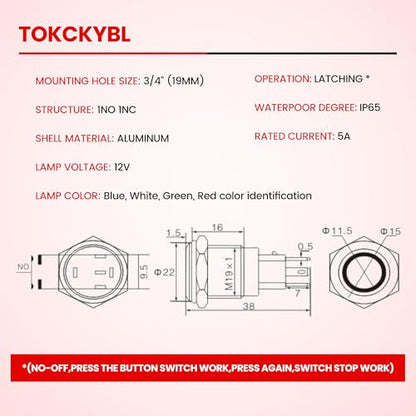 19mm Latching Push Button Switch 12V DC, IP65 Waterproof - color: Silver Stainless Shell Green, size: 19mm