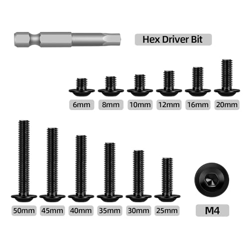 M4-0.7 x 25mm 50 PCS Flanged Button Head Socket Cap Bolts Screws, Stainless Steel 304, Allen Socket Drive, Screwdriver Bit Included, Black Finish, Fully Machine Thread - color: Black, size: M4 x 25mm