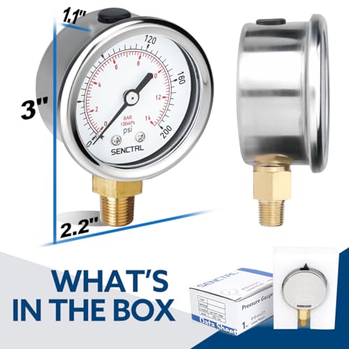 SENCTRL 0-200 Psi Pressure Gauge, 1/8" NPT Lower Mount - size: 0-200Psi, style: Lower Mount (1/8" NPT)