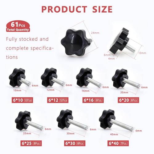 61 Pieces Star Knobs Screw Kit M6 Nylon Black Plastic Replacement Star Hand Knobs with Steel Tightening Screws Standard Metric Handle Thread Stud Bolt Hardware M6x10/12/16/20/25/30/40 mm - size: M6