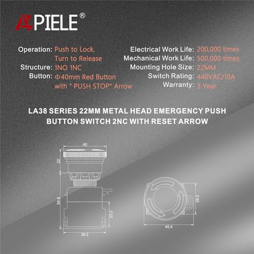APIELE 22mm 1NO 1NC Red Metal Head Mushroom Emergency Stop Push Button Switch 600V 10 Amp (Type A) - size: Type A, style: Type A