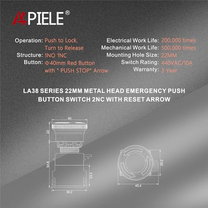 APIELE 22mm 1NO 1NC Red Metal Head Mushroom Emergency Stop Push Button Switch 600V 10 Amp (Type A) (Pack of 2) - size: Type A (Pack of 2), style: Type A