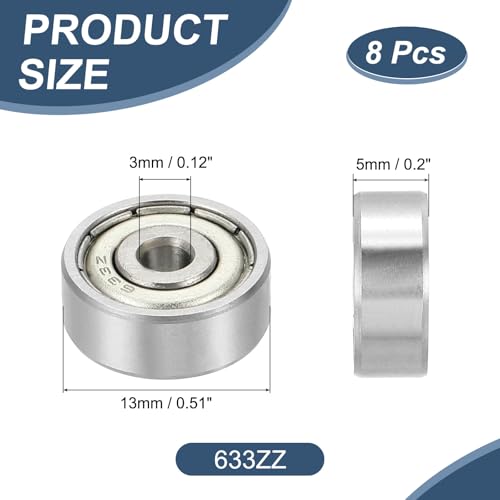uxcell 8 Pack 633ZZ Deep Groove Ball Bearings, 3x13x5mm Chrome Steel Double Shield Bearing for Electric Motor, Home Appliances, Garden Machinery, (ABEC5) - size: 633ZZ