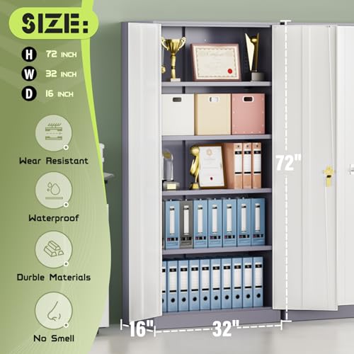 Oakmont Metal Storage Cabinet for Tool Organization, 72" Lockable Garage Storage Cabinets with 2 Doors and 4 Adjustable Shelves, Locking File Cabinet for Office, Home, School (72“ Standard-GreyWhite) - color: Greywhite, size: 72" H x 32" W x 16" D