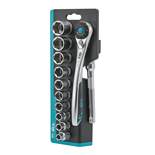 HB 12-Piece 3/8" Drive Socket Set, 120-Tooth Ratchet & Storage Rack - size: 12-Piece 3/8" Drive