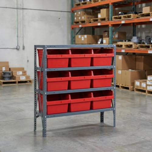 Quantum Storage 1239-SB809 Store-Max Steel Shelf Bin Organizer System, 9 8"H Hopper-Front Bins, 4-Shelf Unit, 400 lb Per Shelf, for Warehouse, Shop, Garage & Stockroom, 12"D x 36"W x 39"H, Red - size: 39" H x 36" W x 12" D, style: 12" L x 12" W x 8" H 9 S
