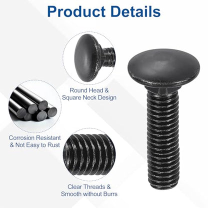 uxcell 50pcs Carriage Bolts 3/8"-16x2 Carbon Steel Round Head - Black - color: Black, size: 3/8"-16x2"