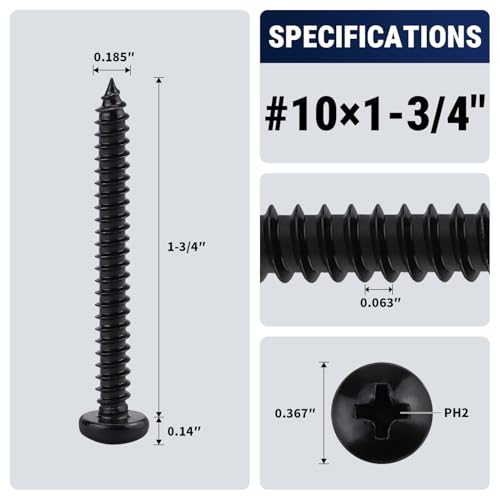 #10 x 1-3/4" (50 Pack) Stainless Steel Pan Head Self Tapping Screws, 304 SS (18-8) Black Coated, Phillips Drive Round Head Corrosion Resistant Screws for Wood & Sheet Metal - size: #10 x 1-3/4"