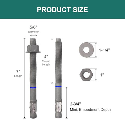 5/8" x 7" Concrete Anchors (20 Pack) 5/8 inch Wedge Anchors Bolts Hot Dip Galvanized - size: 5/8"x7" (20 PCS)