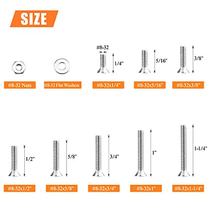 HELIFOUNER 210 Pieces #8-32 x 1/4" 5/16" 3/8" 1/2" 5/8" 3/4" 1" 1-1/4", Countersunk Head Socket Cap Screws Bolts Washers Nuts Kit, Coarse Thread, Fully Machine Threaded, 304 Stainless Steel - size: #8-32, style: Countersunk Head