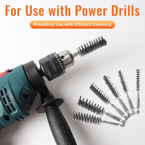 6 PCS Stainless Steel Bore Brush Set, Multiple Sizes (8-19mm), Wire Brush for Drill with 1/4" Hex Shank, Twisted Wire Bristles for Tube Cleaning