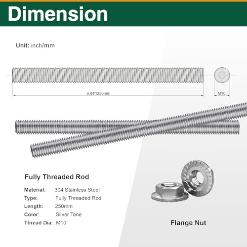 2PCS M8-1.25x250mm Fully Threaded Rods, 304 Stainless Steel Studs