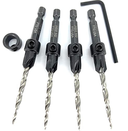 FTG USA #8(11/64") Wood Countersink Drill Bit 4-Pc Set with 3/8" Depth Stop - size: #8, style: 4 Pc with Depth Stop