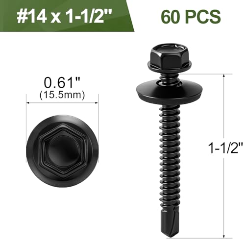 60 PCS #14 x 1-1/2" Black Self Drilling Metal Roofing Screws, Hex Head Self Tapping Sheet Metal Roof Screw with Rubber Washer for Wooden Siding - size: #14 x 1-1/2"