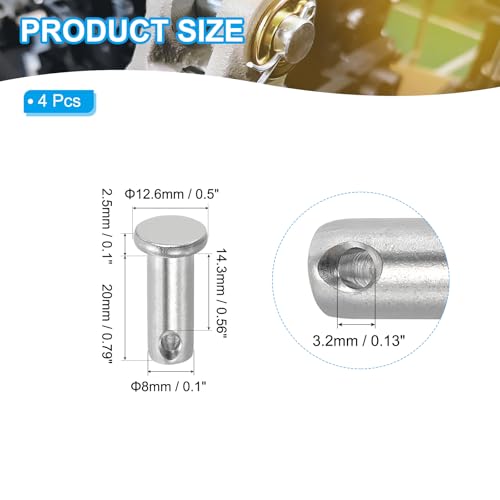PATIKIL 8 x 20 mm Single Hole Clevis Pins, 4 Pcs 304 Stainless Steel Flat Head Pin for Hitch Pin Lock Link Hinge Systems, Silver - size: 8 x 20 x 14.3 mm