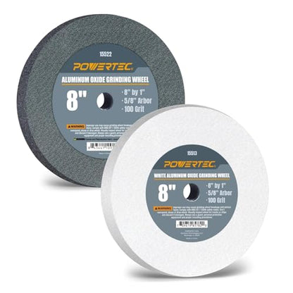 POWERTEC Bench Grinder Wheel 8 Inch White 100 Grit, White Aluminum Oxide Grinding Wheel for Bench and Pedestal Grinder, 1" Thick 5/8" Arbor, Sharpening & Shaping Drill Bits, Blade, Chisel, 2PK (15553) - size: 100 Grit, 2PK