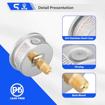 MEASUREMAN PRO 2" Dial Size, Glycerin Filled Pressure Gauge, 0-200psi/kpa, 304 Stainless Steel Case, 1/4" NPT Back Mount,for Air Compressor, Shock, Water System, Well Pump, Tank, Pipe, Pressure Test - size: 2'' (Back Mount), style: 0-200 psi