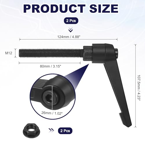 uxcell 2Pcs Adjustable Clamping Lever Handles, M12x80mm Zinc Alloy Male Thread Stud Knobs with Nuts Quick Release Bolt Rotating Screw Handles for Lathes Woodworking, Black - size: M12x80mm