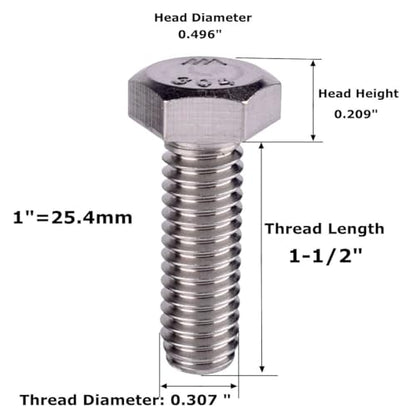 5/16-18 x 1-1/2" Hex Bolt (1/2" to 3" Available),External Hex Head Screw, Fully Threaded, 304 Stainless Steel 18-8, 10Pcs - size: 5/16-18 x 1-1/2" (10Pcs)