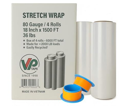 18" Stretch Film/Wrap 1500 feet 80 Gauge Industrial, Clear Packing Moving Packaging Heavy Duty Shrink Film Box of 4 (4 Rolls)- Wrap Holder Included - size: 4 Rolls