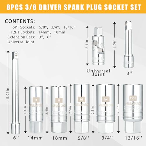 AEROFORCE 3/8-Inch Drive Spark Plug Socket Set 8PCS - size: ‎8PC Spark Plug Socket Set