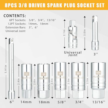 AEROFORCE 3/8-Inch Drive Spark Plug Socket Set 8PCS - size: ‎8PC Spark Plug Socket Set