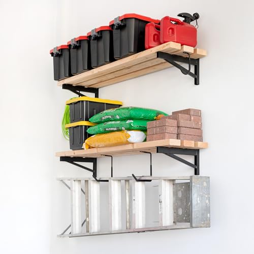 StoreYourBoard 14 Inch Heavy Duty Shelf Brackets, Set of 4 for 1' x 4' DIY Garage Wall Shelves, Holds 600 lbs, Solid Steel, Includes 4 Hooks for Hanging Storage, 14" x 1" x 8.5" - size: 1' x 4'