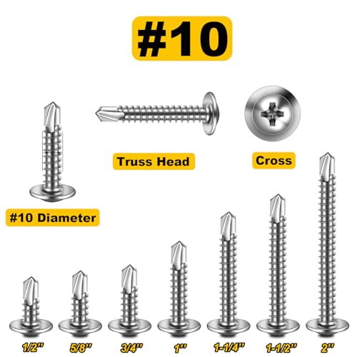 Mywish 200pcs #10×1" Self Tapping Screws for Metal, 410 Sheet Metal Screws, Stainless Steel Self Tapping Screws Truss Head Self Drilling Screws High-Strength Quick Tapping Screws - color: Silver, size: #10x1" (200 pcs)