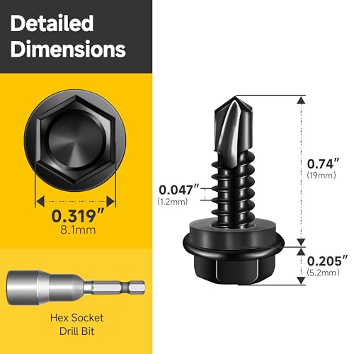 Mywish 100pcs #12 x 3/4" Self Drilling Screws for Metal, 410 Stainless Steel Hex Washer Head Self Drilling Screws, Black Oxided Self Tapping Sheet Metal Tek Screw Fast Tapping - size: #12x3/4"(100pcs)