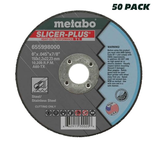 Metabo 655997000 50-Pack | 4-1/2-inch Slicer Plus Cutting Wheel | Type 1 | 4.5" x .045" x 7/8" | A60TX | Zirconia Alumina | Super Performance | Improved Performance in Steel, Stainless Steel